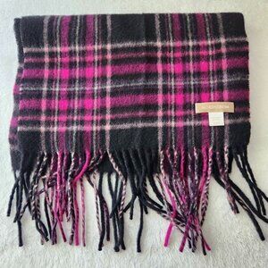 Nordstrom 100% Cashmere‎ Plaid Scarf Fringe Magenta Pink Black Check Y2K Winter